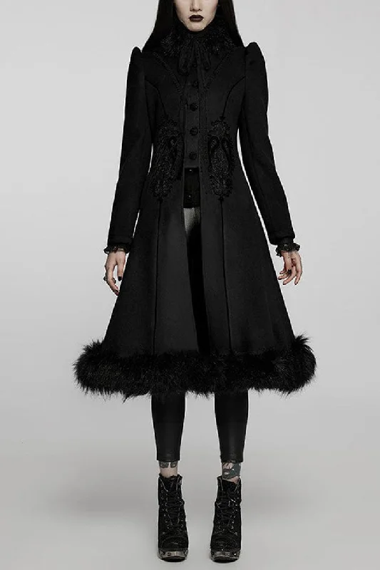 Black Gothic Gorgeous Symmetric Appliqu¨¦ Detachable Big Fur Collar Loose Hem Long Women's Coat Modern Asymmetric Coat Black Gothic Gorgeous Symmetric Appliqu¨¦ Detachable Big Fur Collar Loose Hem Long Women's Coat Modern Asymmetric Coat