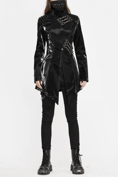 Black High Collar Slim Leather Womens Punk Coat Luxe Satin Long Coat