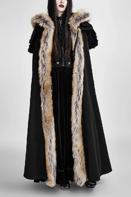 Black Hooded Fur Collar Wool Long Womens Gothic Coat Cloak Lightweight Utility Jacket Black Hooded Fur Collar Wool Long Womens Gothic Coat Cloak Lightweight Utility Jacket