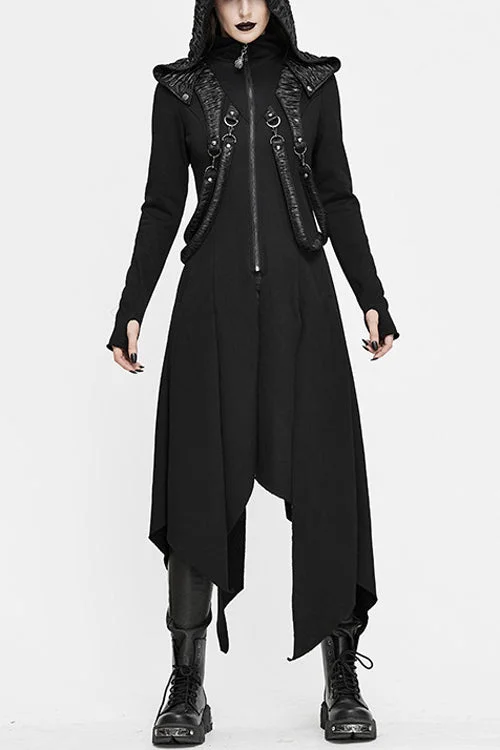 Black Hooded Slim Knitted Long Womens Punk Coat Belted Crossover Blazer