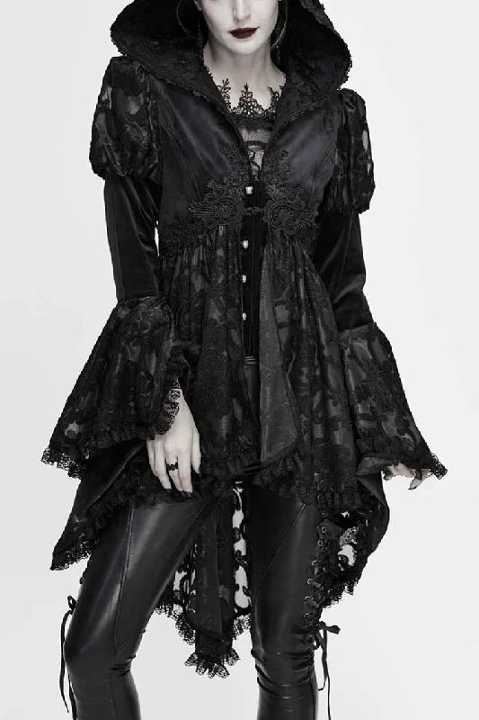 Black Knit Velvet Hooded Front Chest Decals Metal Retro Button Lace Cuff Women's Gothic Coat Buttoned Peplum Coat Black Knit Velvet Hooded Front Chest Decals Metal Retro Button Lace Cuff Women's Gothic Coat Buttoned Peplum Coat