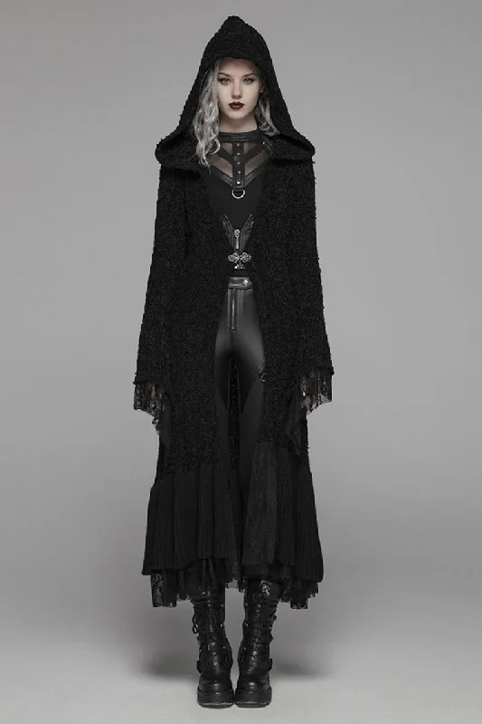Black Long Sleeves Multi-layer Lace Hooded Women's Gothic Long Coat Fur-Lined Aviator Coat
