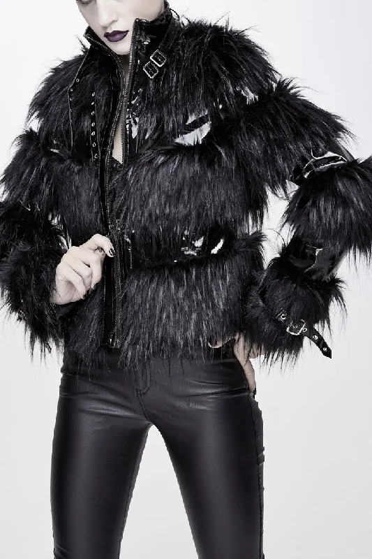 Black Metal Buckle Loop Stand Up Collar Splice Patent Leather Woolen Women's Punk Coat Fur-Trimmed Winter Coat Black Metal Buckle Loop Stand Up Collar Splice Patent Leather Woolen Women's Punk Coat Fur-Trimmed Winter Coat