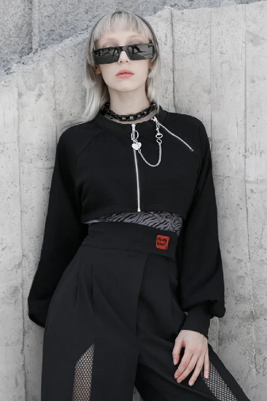 Black Metal Double Zipper Round Collar Long Sleeves Women's Gothic Coat Quilted Hybrid Jacket