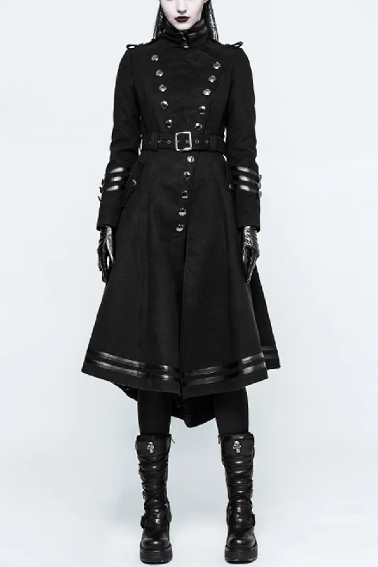 Black Military Uniform Double Breasted Womens Long Gothic Coat With Belt Warm Hooded Poncho Black Military Uniform Double Breasted Womens Long Gothic Coat With Belt Warm Hooded Poncho