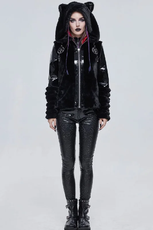 Black Punk Cuff Pleated Design Metal Five-Pointed Star Shape Belt Decoration Cat Ear Women's Coat Military-Inspired Jacket Black Punk Cuff Pleated Design Metal Five-Pointed Star Shape Belt Decoration Cat Ear Women's Coat Military-Inspired Jacket