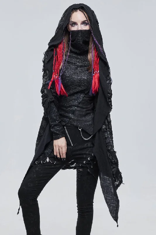 Black Punk Diablo Hole Design Cross Shape Stitching Transparent Mesh Metal Decoration Knitted Women's Coat Boho Fringe Cardigan Black Punk Diablo Hole Design Cross Shape Stitching Transparent Mesh Metal Decoration Knitted Women's Coat Boho Fringe Cardigan