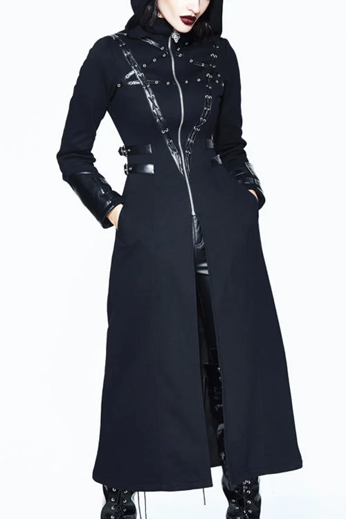 Black Punk Inverted Pentagram Long Womens Coat Puff Sleeve Overcoat