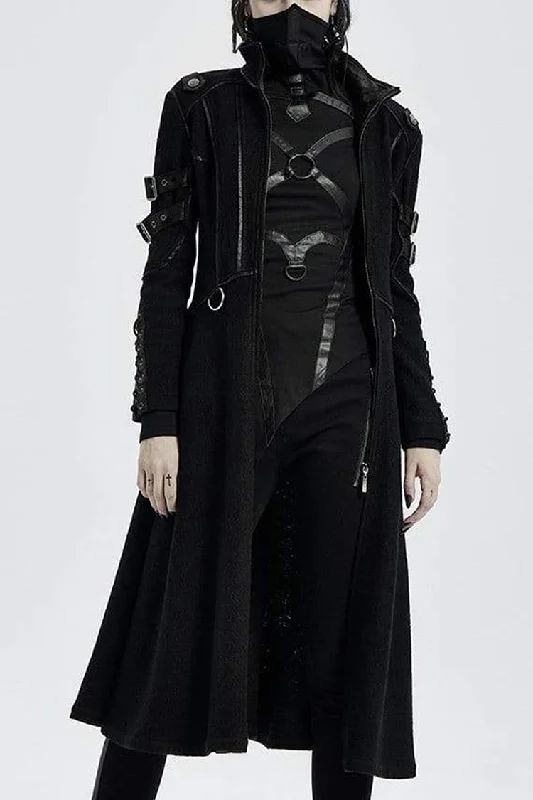 Black Punk Stand Up Collar Metal Buckle Crack Leather Strap Decoration Lace Up Cuff Woolen Women's Coat Luxury Cashmere Wrap Black Punk Stand Up Collar Metal Buckle Crack Leather Strap Decoration Lace Up Cuff Woolen Women's Coat Luxury Cashmere Wrap