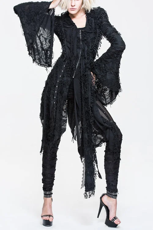 Black Ragged Horn Sleeves Womens Punk Long Coat A-Line Swing Coat