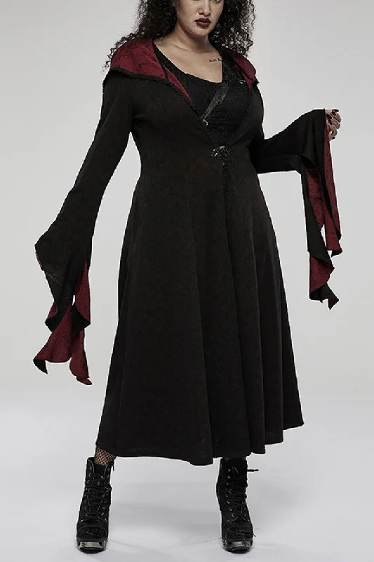 Black/Red Knitted Long Sleeves Big Hat Mystery Witch Rose Pattern Women's Gothic Coat Zipper Front Biker Jacket Black/Red Knitted Long Sleeves Big Hat Mystery Witch Rose Pattern Women's Gothic Coat Zipper Front Biker Jacket