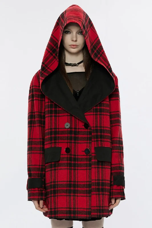 Black/Red Plaid Print Hooded Women's Punk College Style Coat Ultra-Soft Sherpa Vest