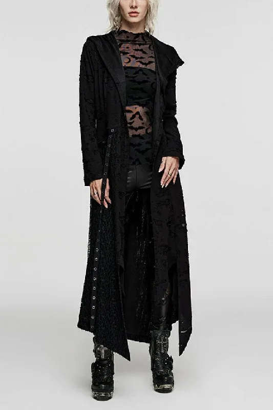 Black Ripped Mesh Stitching Irregular Hooded Womens Steampunk Coat Sleek Leather Jacket Black Ripped Mesh Stitching Irregular Hooded Womens Steampunk Coat Sleek Leather Jacket
