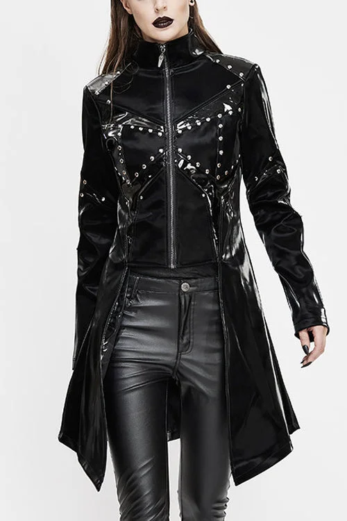 Black Rivet Bright Leather Zipper Long Womens Punk Coat Stretch Fit Moto Jacket