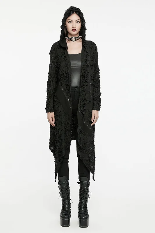 Black Ruffle Hooded Ripped Asymmetric Women's Punk Long Coat Recycled Down Jacket
