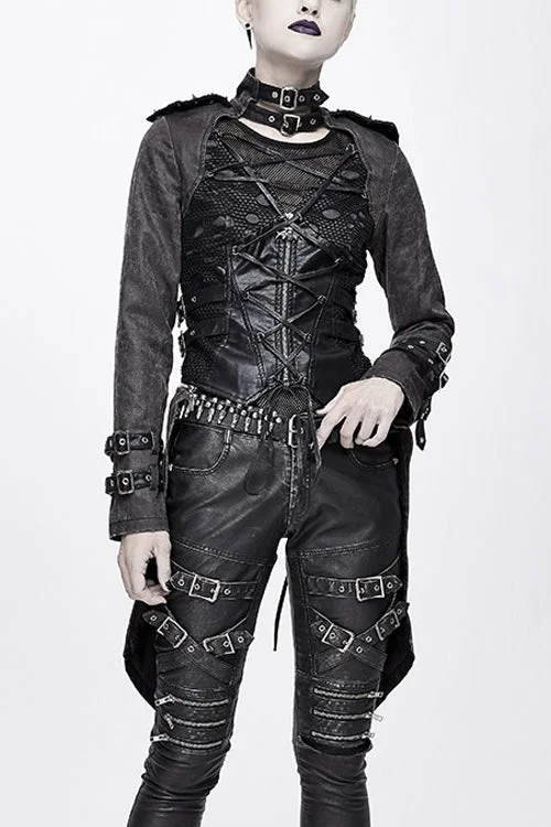 Black Spiked Zipper Up Punk Mesh Womens Coat With Loops Collared Pea Coat