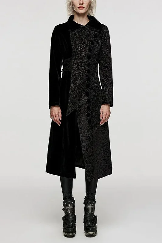 Black Stand Collar Jacquard Print Stitching Womens Gothic Coat Longline Wool Coat