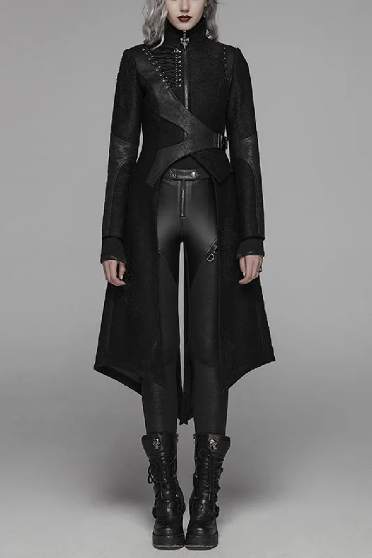 Black Stand Collar Long Sleeves Asymmetric Design Stitching Irregular Womens Steampunk Coat Collared Pea Coat Black Stand Collar Long Sleeves Asymmetric Design Stitching Irregular Womens Steampunk Coat Collared Pea Coat