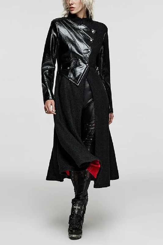 Black Stand Collar Print Faux Leather Stitching Womens Gothic Coat Fitted Tailored Blazer Black Stand Collar Print Faux Leather Stitching Womens Gothic Coat Fitted Tailored Blazer