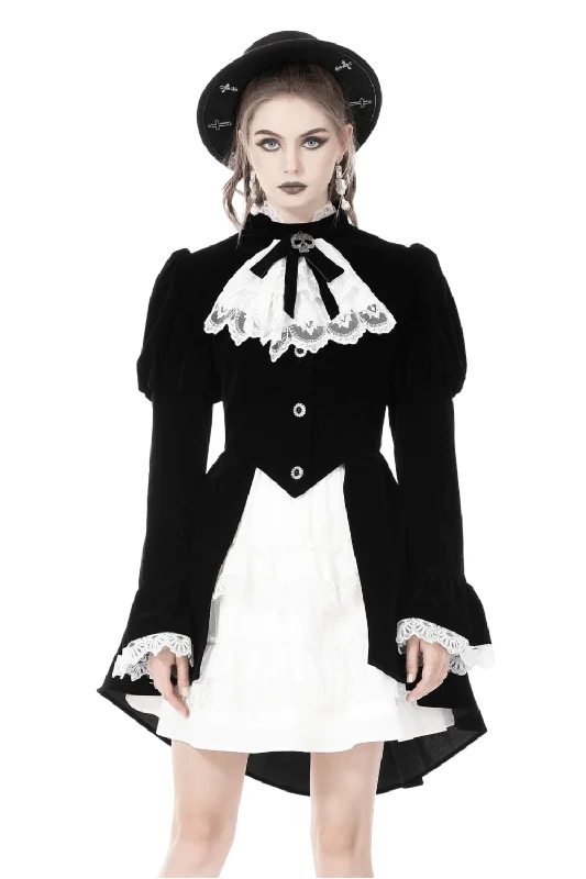 Black Velvet Gothic Coat with White Lace Collar and Cuffs Luxe Satin Long Coat