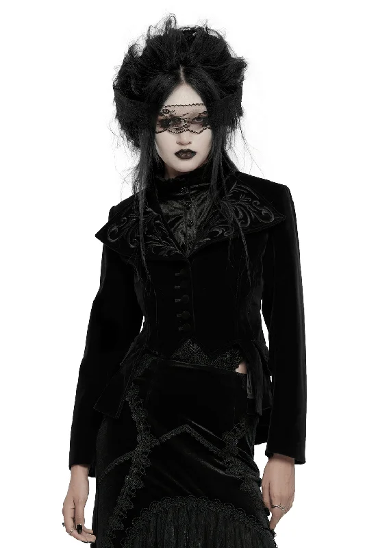 Black Velvet Gothic Tailcoat with Embroidered Collar Drape Front Waterfall Coat