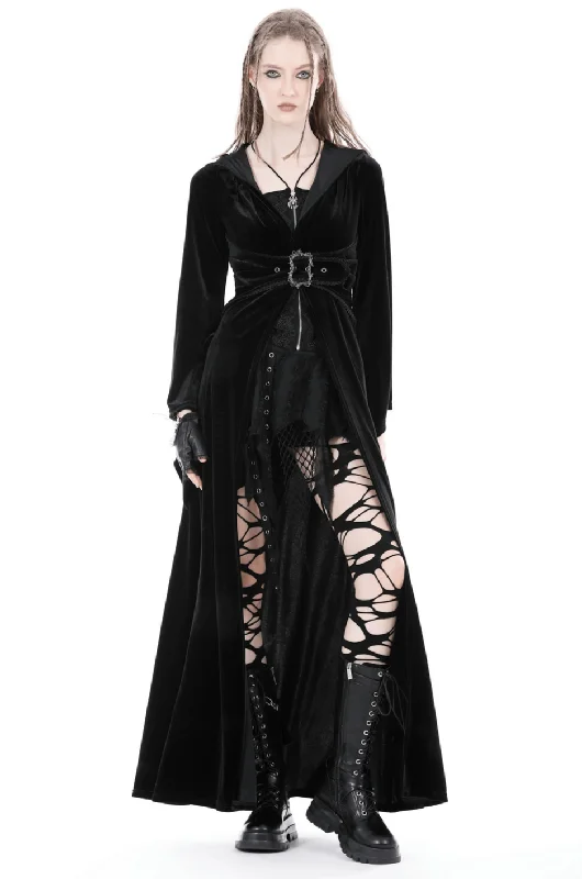 Black Velvet Hooded Cloak - Long Gothic Witchy Coat Luxe Faux Fur Coat
