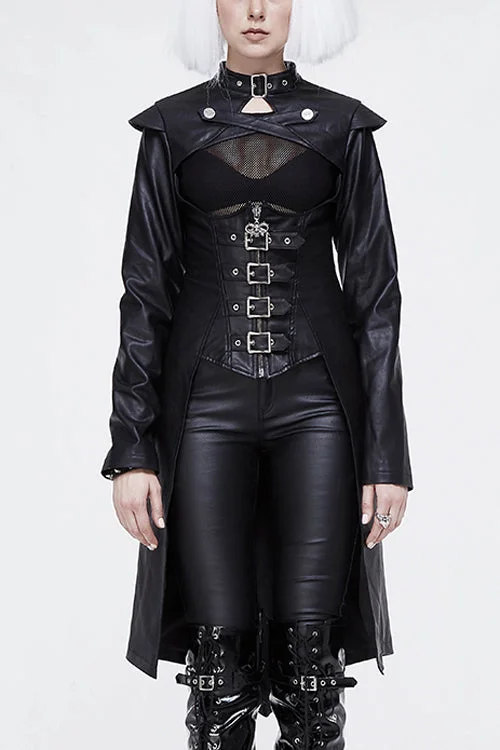 Black waisted short front and long back bare breast leather long womens Punk coat Vegan Leather Trench Black waisted short front and long back bare breast leather long womens Punk coat Vegan Leather Trench