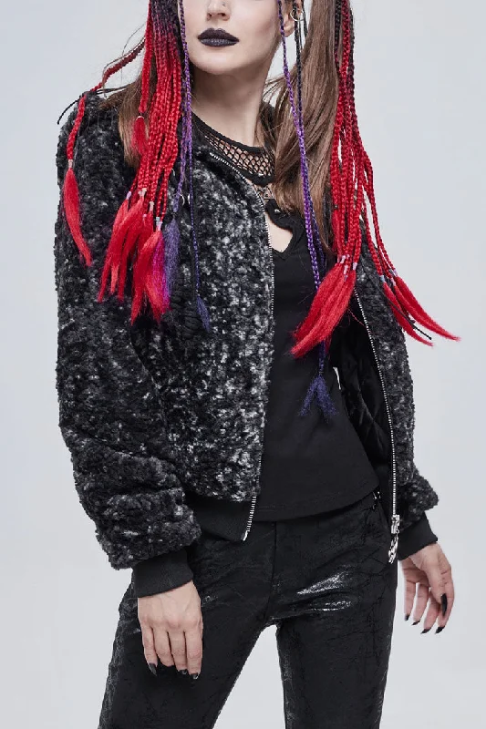 Black/White Two Tone Woolen Grain Fleece Metal Five Pointed Star Zipper Women's Punk Coat Reversible Quilted Jacket Black/White Two Tone Woolen Grain Fleece Metal Five Pointed Star Zipper Women's Punk Coat Reversible Quilted Jacket