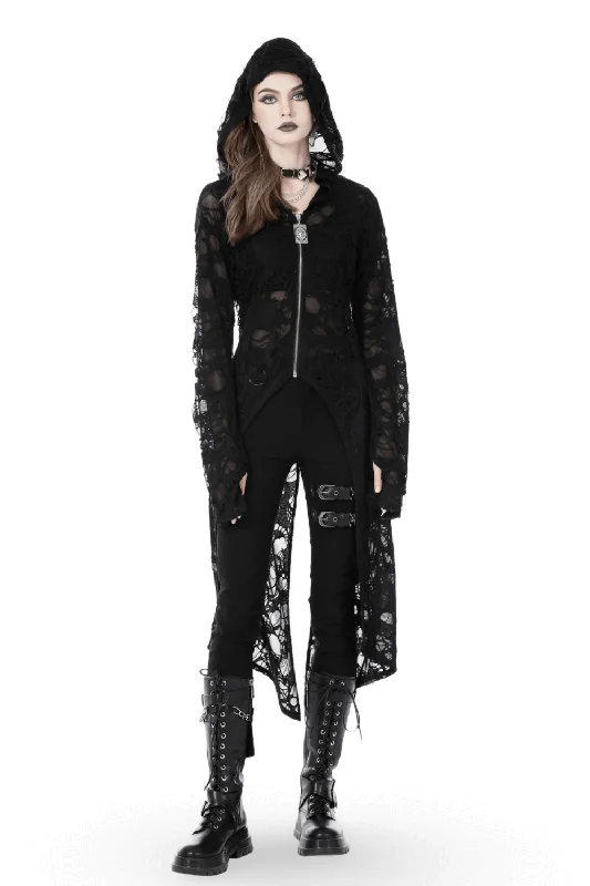 Black Zipper Distressed Gothic Lace Coat with Hood Relaxed Utility Shacket