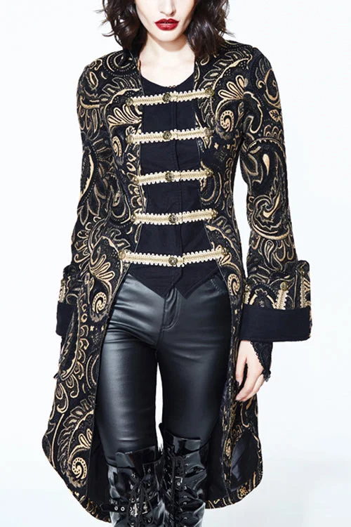 Brown With Gold Fake Two Pieces Pirate Costume Gothic Womens Coat Ruched Sleeve Blazer Brown With Gold Fake Two Pieces Pirate Costume Gothic Womens Coat Ruched Sleeve Blazer