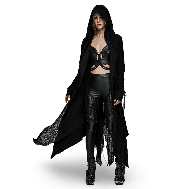 Chic Black Hooded Gothic Long Coat for Edgy Style Belted Wool Overcoat