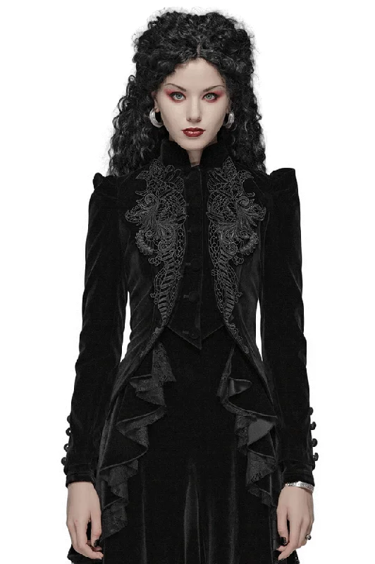 Chic Gothic Weft Velvet Tailcoat with Lace Trim Elegant Cape Blazer