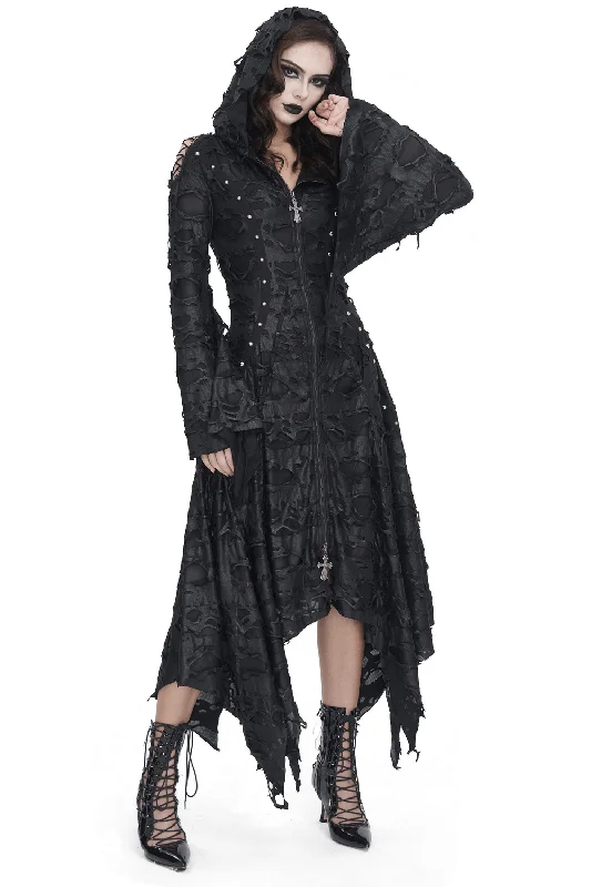 Edgy Black Irregular Distressed Hooded Coat for Women Elegant Wool Jacket