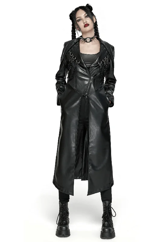 Edgy PU Leather Long Coat with Buckles and Chains Reversible Quilted Jacket