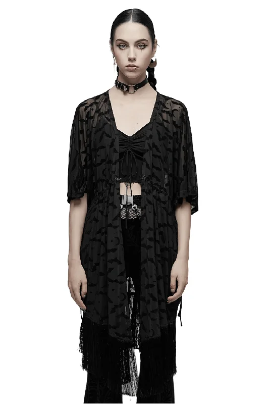 Elegant Black Lace Bat Print Kimono-Coat with Tassels Reversible Quilted Jacket