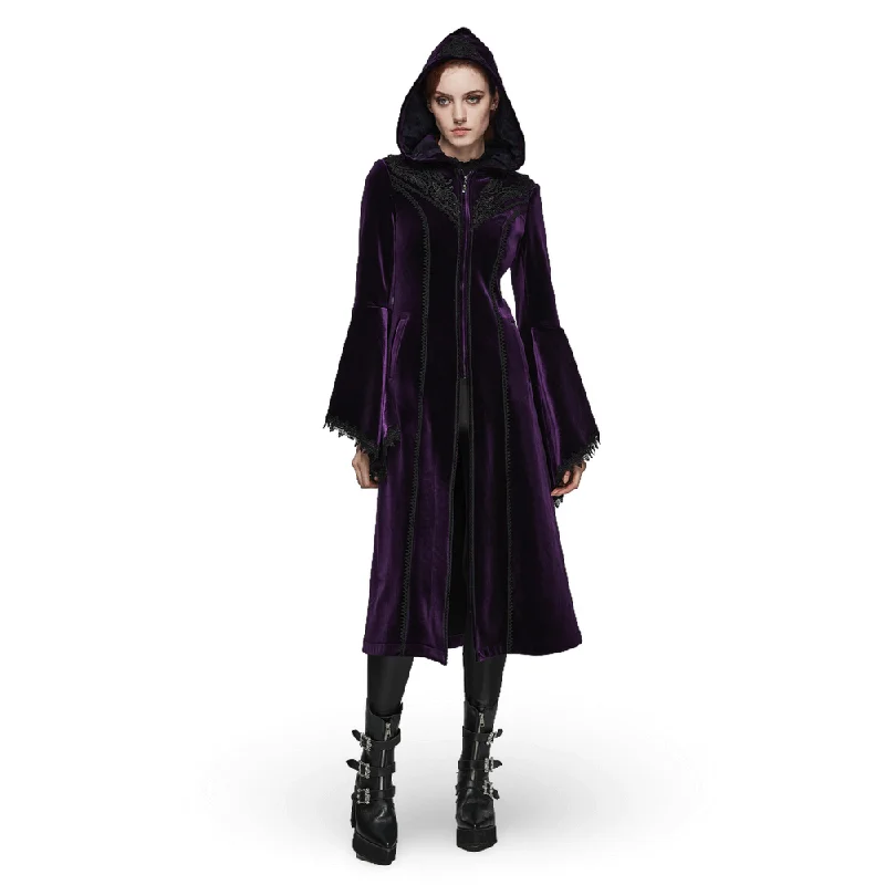 Elegant Gothic Zippered Velvet Hooded Coat Fleece Lined Windbreaker
