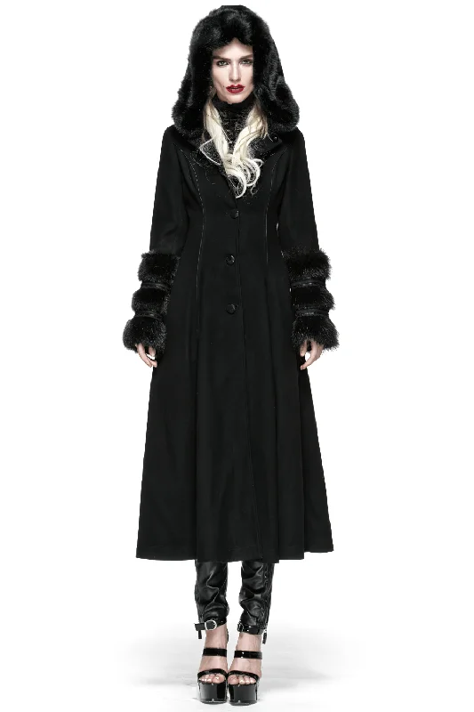 Elegant Hooded Coat with Lace-Up Back and Fur Cuffs Long Hooded Anorak