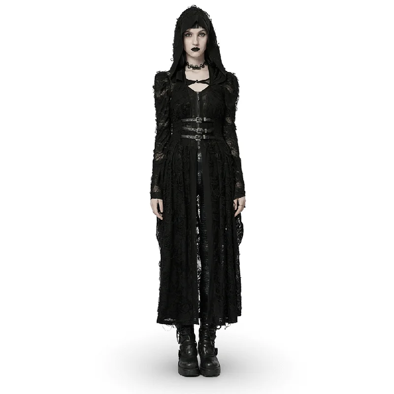 Elegant Long Hooded Lace Gothic Coat for Women Ultra-Light Down Coat