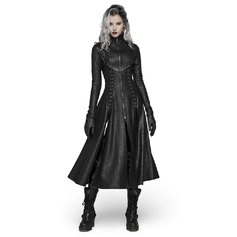 Embossed Dark Elegance Punk Full-Length Coat Puff Shoulder Coat