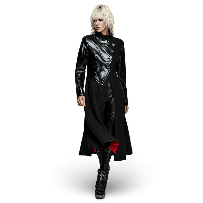 Faux Leather Wool Blend Gothic Coat Soft Thermal Overcoat