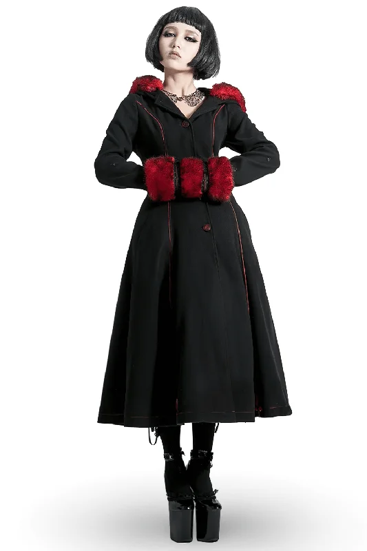 Female Gothic Long Coat with Red Faux Fur Trim Classic Riding Jacket