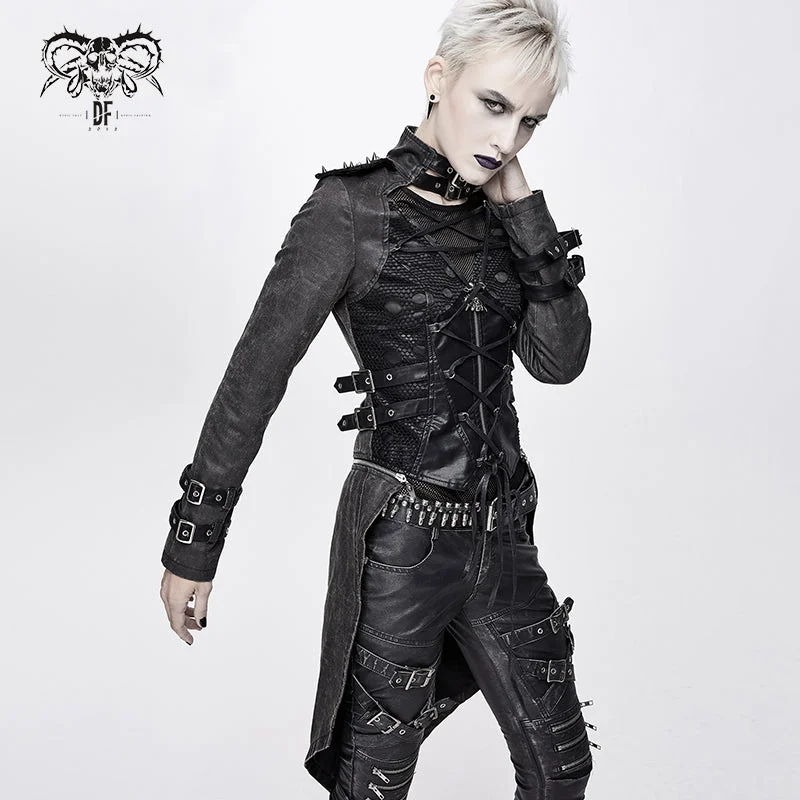 CT131 five-pointed star spiked zipper up punk mesh women coat with loops Buttoned Peplum Coat