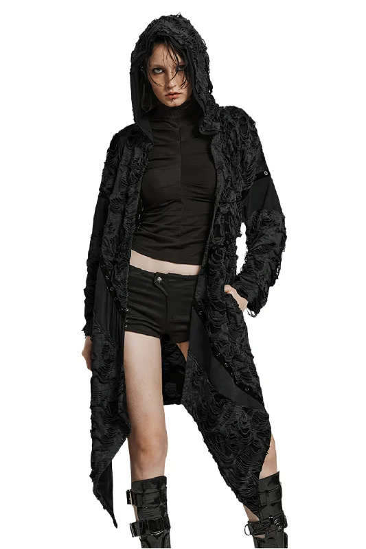 Gothic Black Tie-Dye Asymmetrical Long Coat With Hood Longline Wool Coat