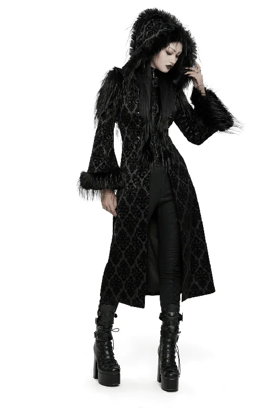 Gothic Hooded Jacquard Coat with Faux Fur Trim Stretchy Active Jacket