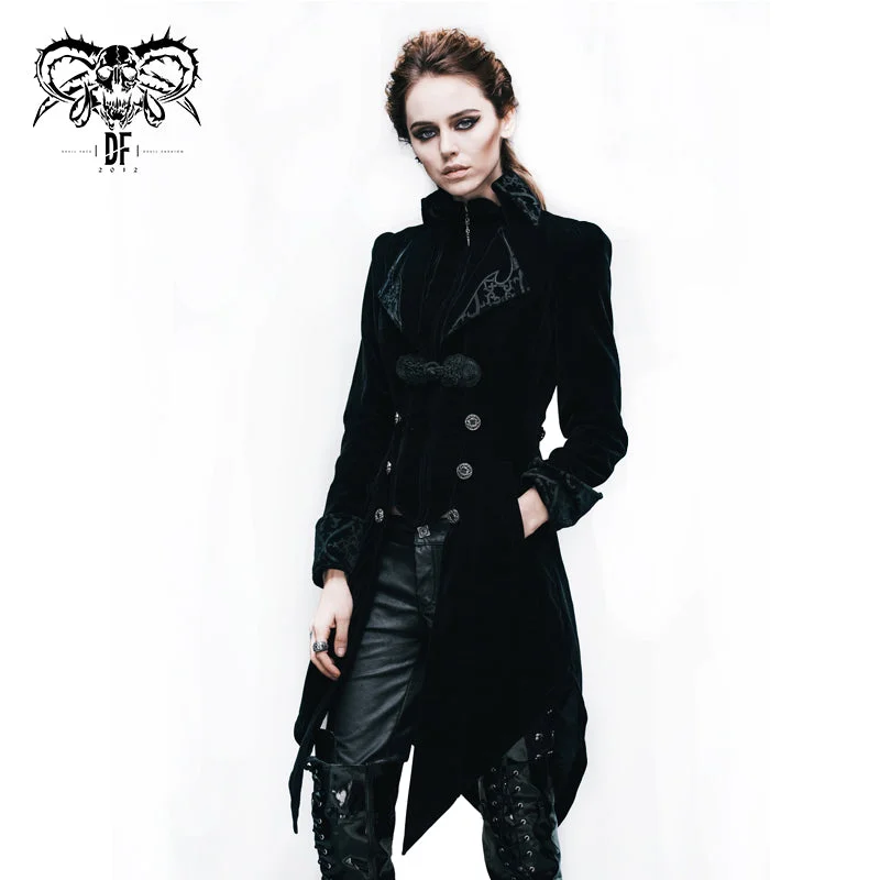 CT02001 gothic ladies embroidered high collar black dovetail velveteen coat Adjustable Waist Parka CT02001 gothic ladies embroidered high collar black dovetail velveteen coat Adjustable Waist Parka