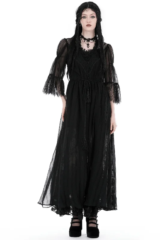 Gothic Sexy Mesh Spliced Long Outerwear for Women Belted Midi-Length Coat