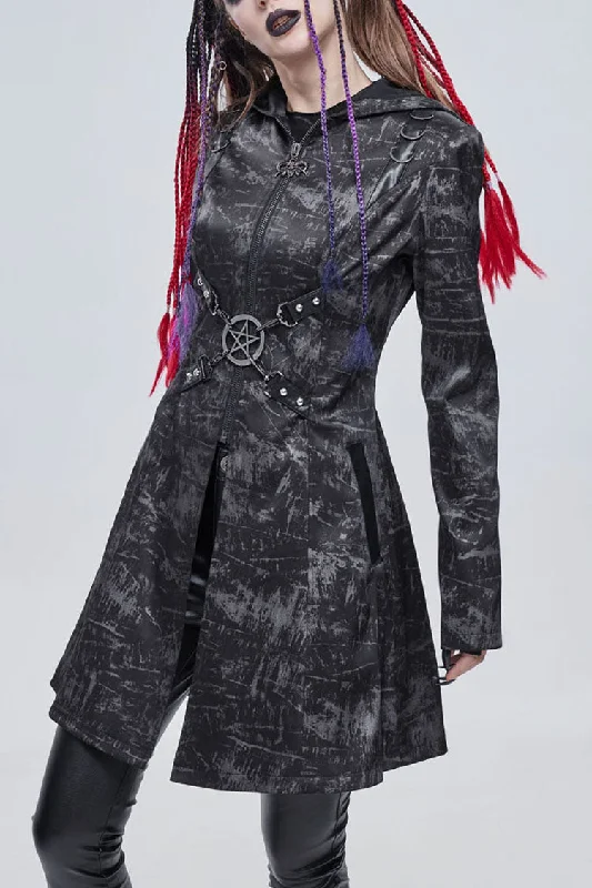 Gray Punk Pattern Pentagram Shape Design Metal D-Shaped Buckle Decoration Hooded Women's Coat Cropped Fleece Jacket Gray Punk Pattern Pentagram Shape Design Metal D-Shaped Buckle Decoration Hooded Women's Coat Cropped Fleece Jacket
