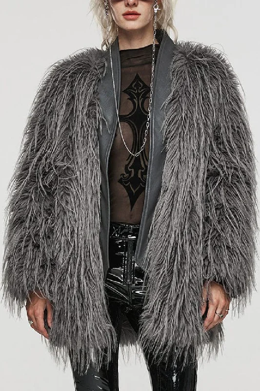 Grey Faux Fur Wool Side Long Sleeves Stitching Womens Gothic Elegant Coat Double-Breasted Trench Grey Faux Fur Wool Side Long Sleeves Stitching Womens Gothic Elegant Coat Double-Breasted Trench