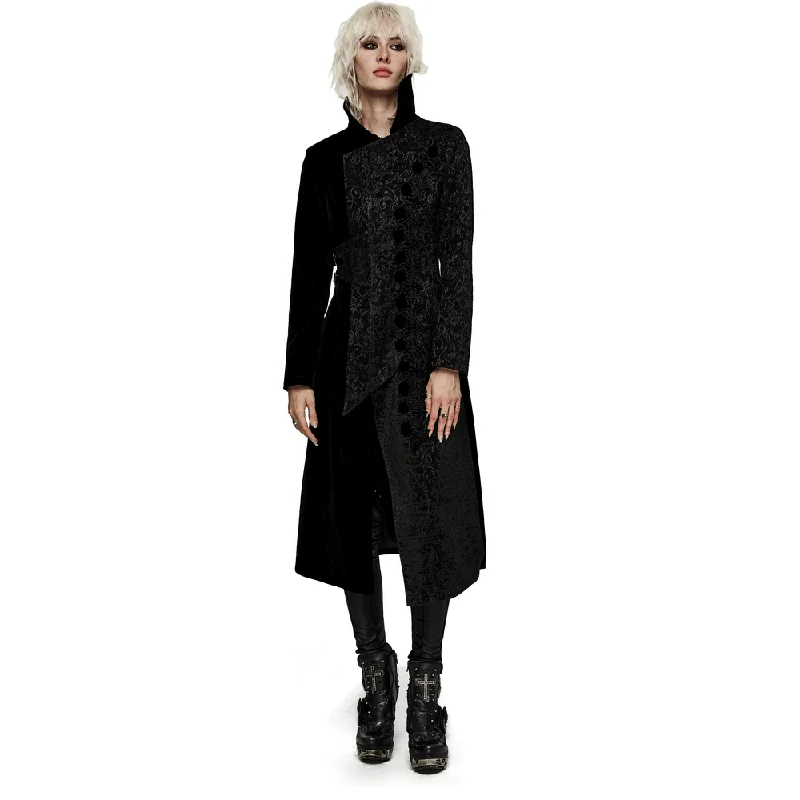 Jacquard Velvet Gothic Coat with Asymmetric Collar Fur-Lined Aviator Coat