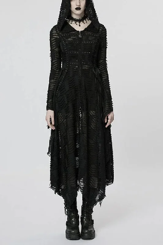 Lace Mesh Irregular Hem Hooded Womens Gothic Coat 2 Colors Fashionable Blazer Coat